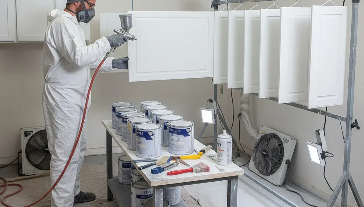 Professional cabinet painting in Lynchburg VA using spray and brush for smooth, durable kitchen finishes