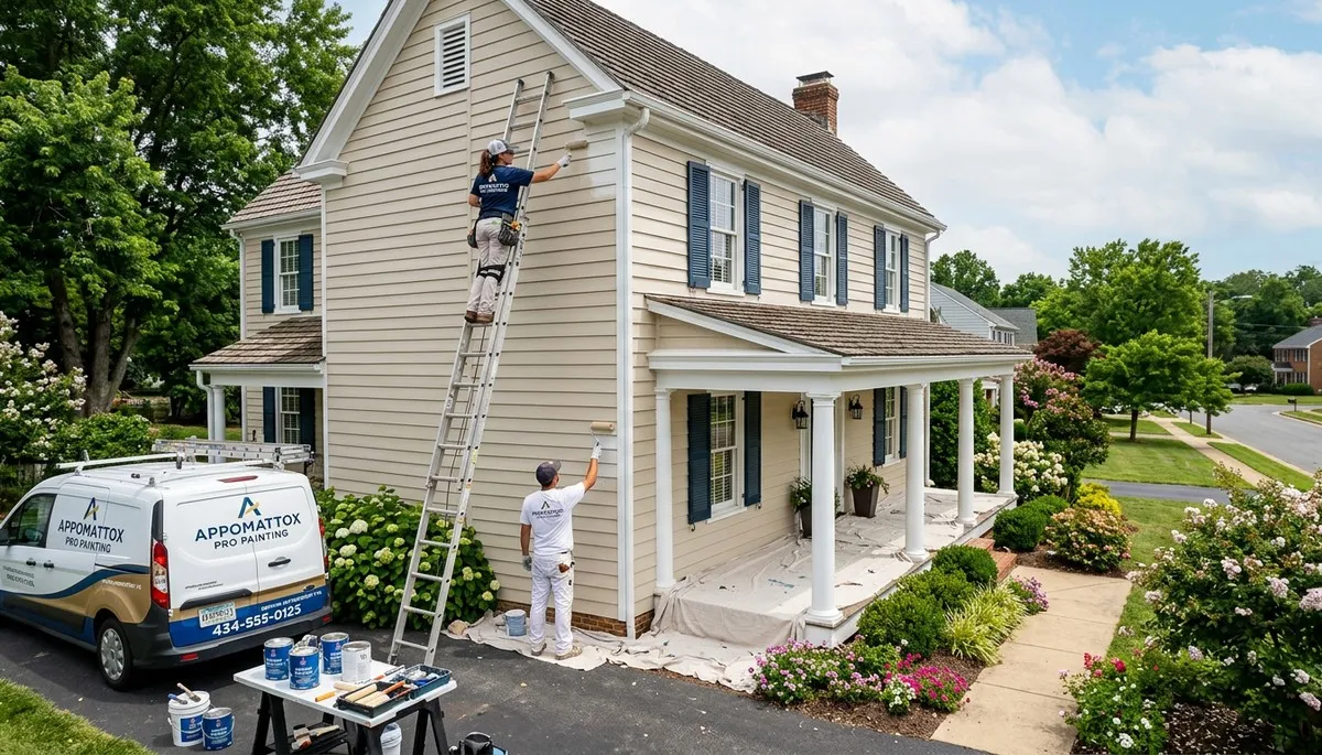 Professional house painters refinishing home exterior in Lynchburg, VA