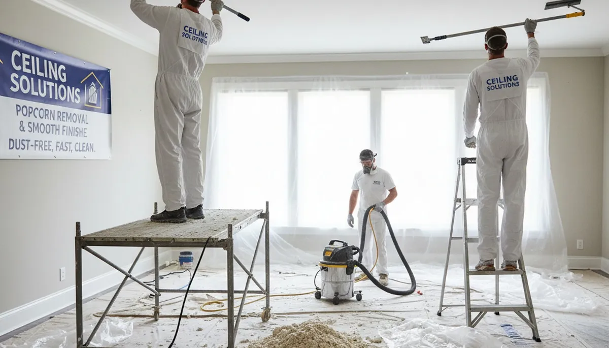 Painter removing popcorn ceiling in Lynchburg VA home for smooth modern finish